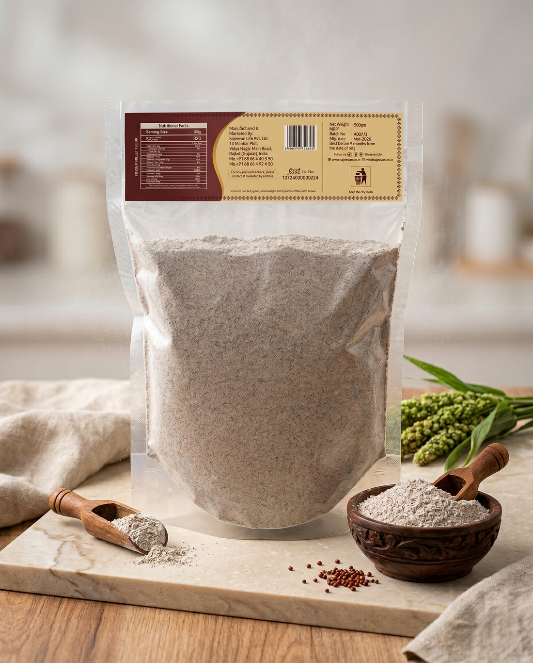 Sajeevan Natural Ragi Flour (Finger Millet Atta) 500g – Nutrient-Rich & High Fiber